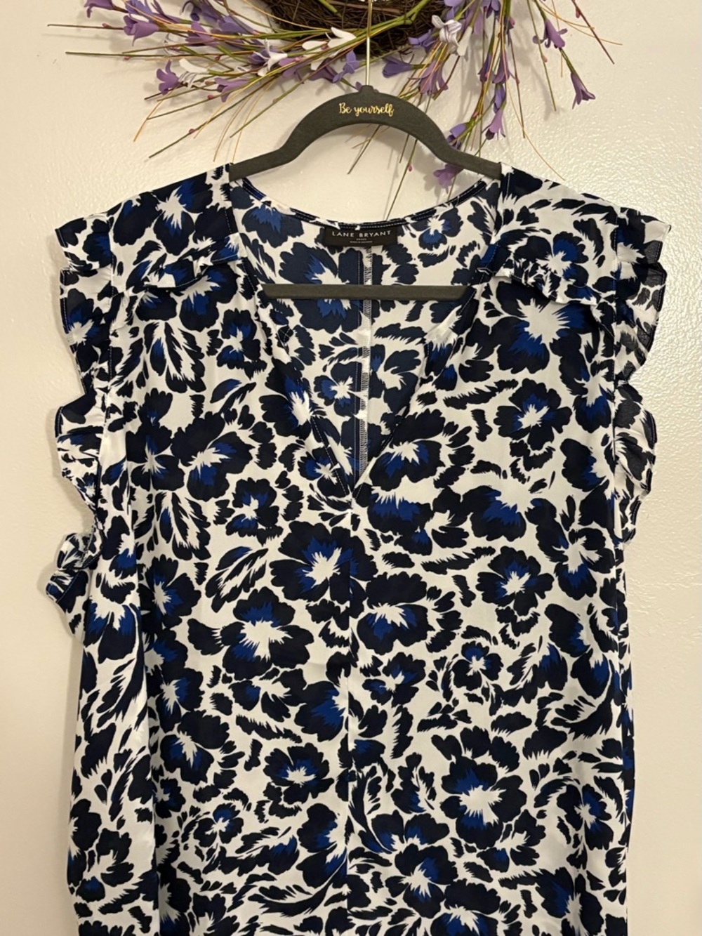 NWOT Lane Bryant White Top with Blue & Black Floral Print